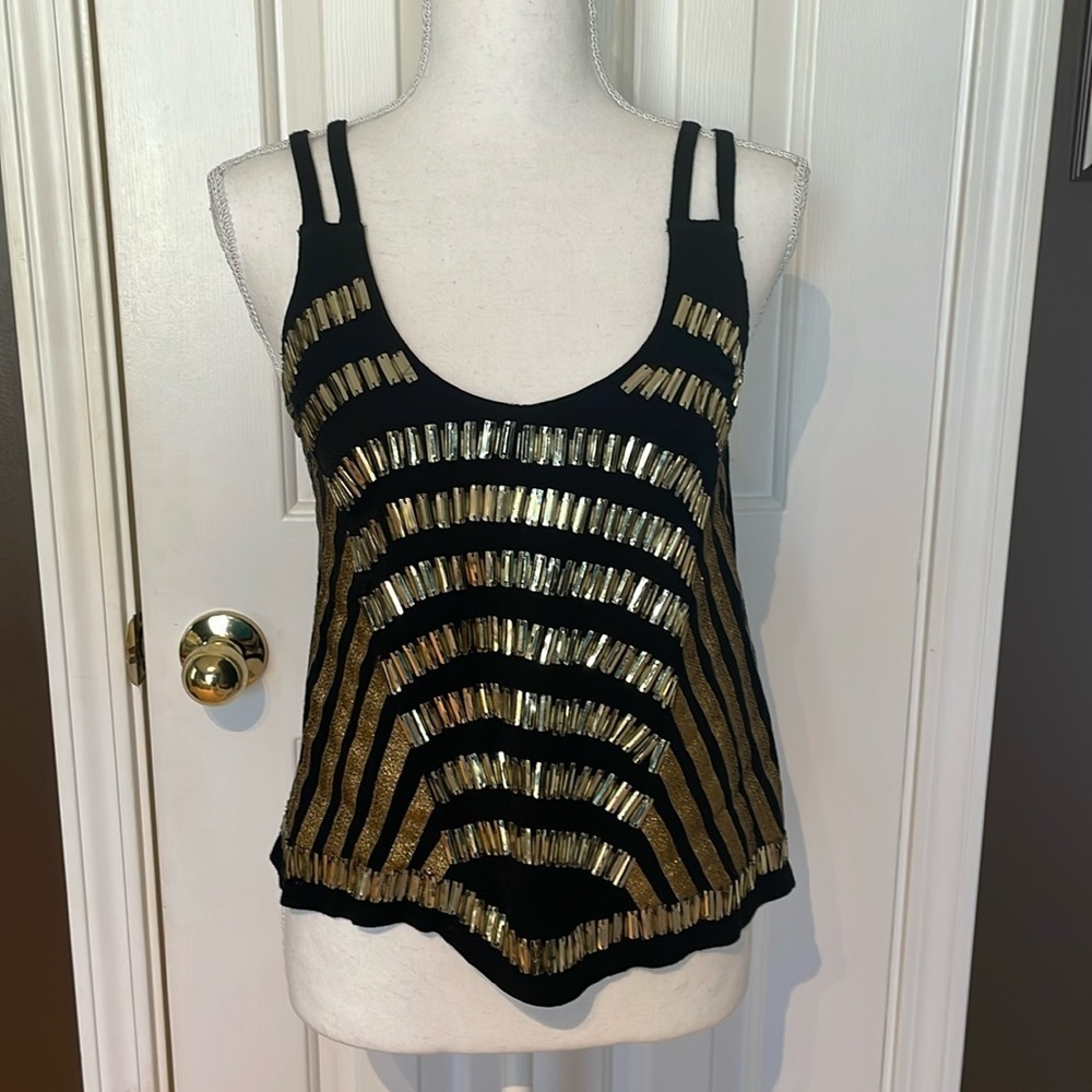 Ecote Sparkly Top with Double Spaghetti Straps and Gold Bars. XS